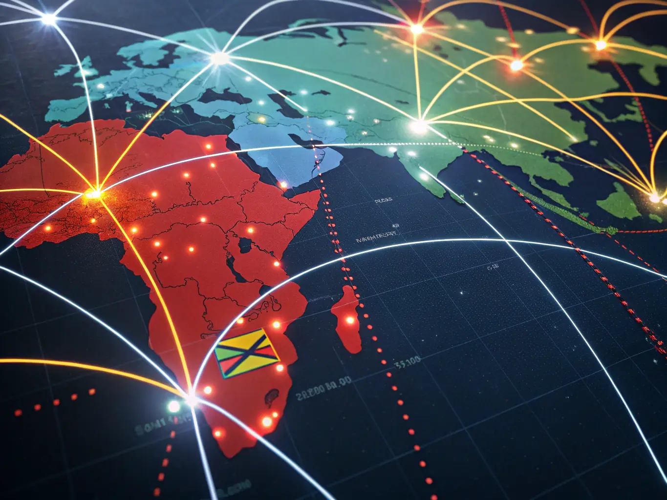 An artistic representation of a blockchain network connecting Vanuatu to the global financial system, symbolizing the project's mission to integrate Vanuatu into the international digital economy.