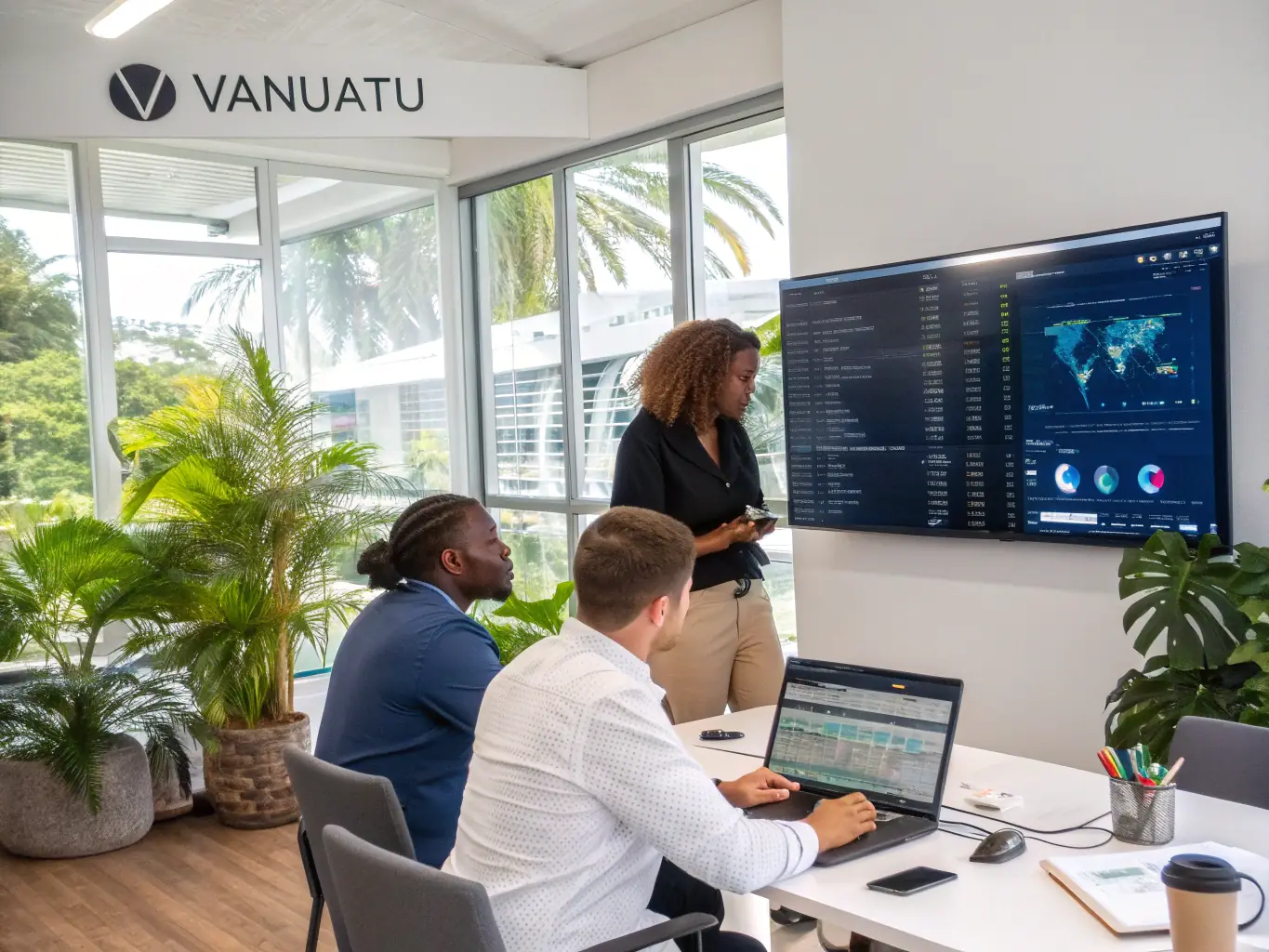 A professional photograph showcasing a modern office space in Vanuatu, with team members collaborating on cryptocurrency exchange development, emphasizing the project's local presence and global ambition.